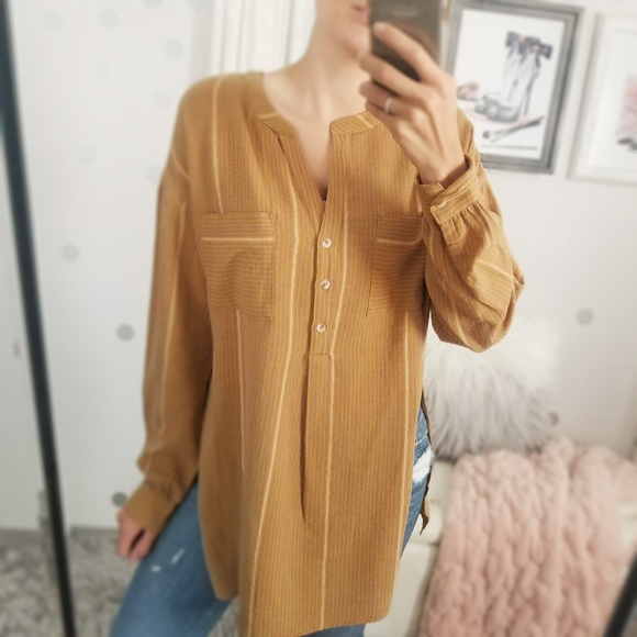 Fall Mustard Stripe Tunic Shirt Leggings Button Up Top Women’s Long Tops - Picture 2 of 8